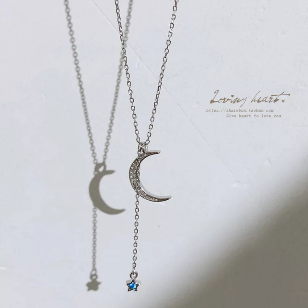 S925 sterling silver crescent moon blue zircon star necklace - Picture 7 of 8
